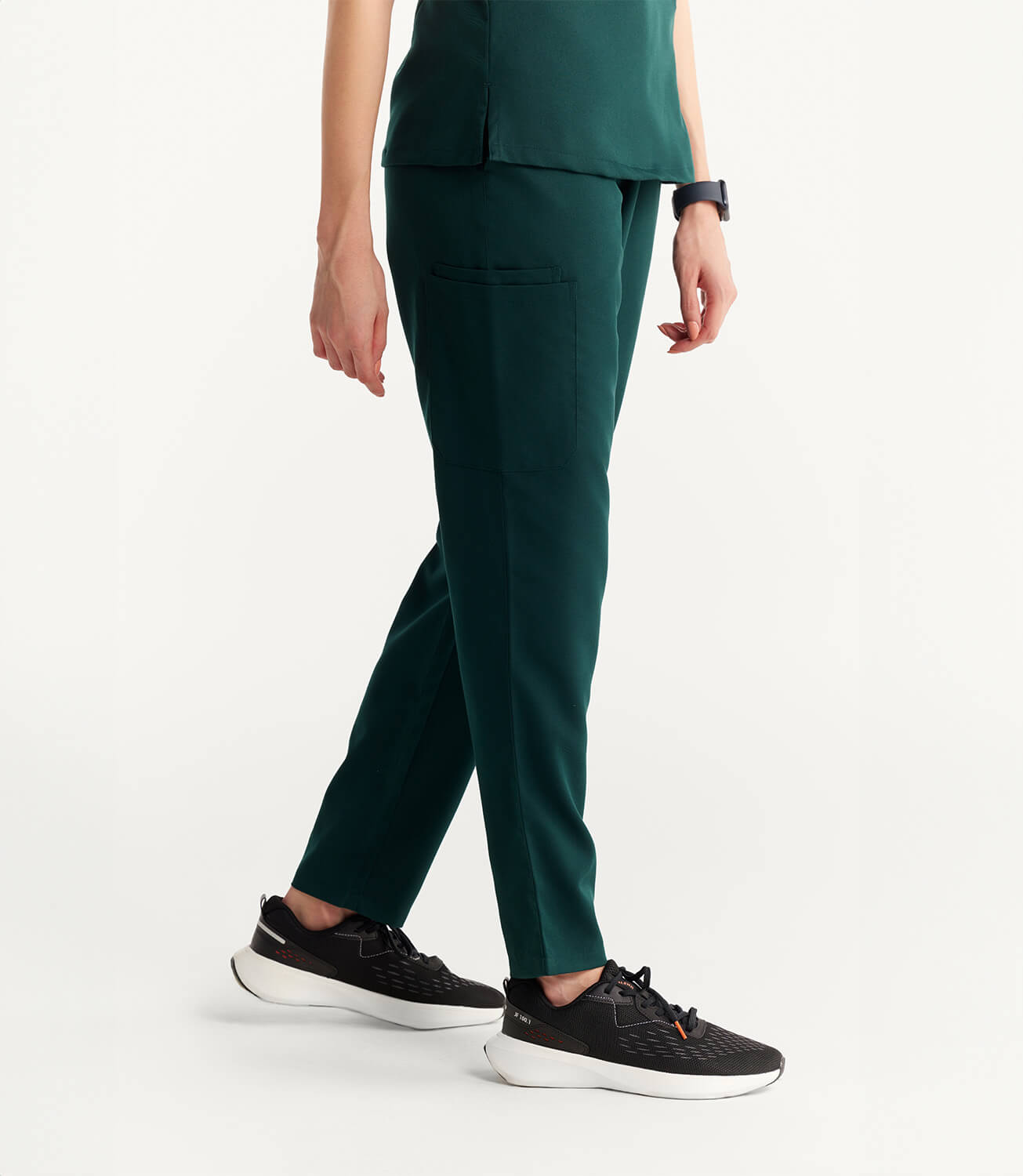 Women Forest Green 11 Pocket Scrubs Stretch Fabric Util Tech Bottom Right Leg Focus