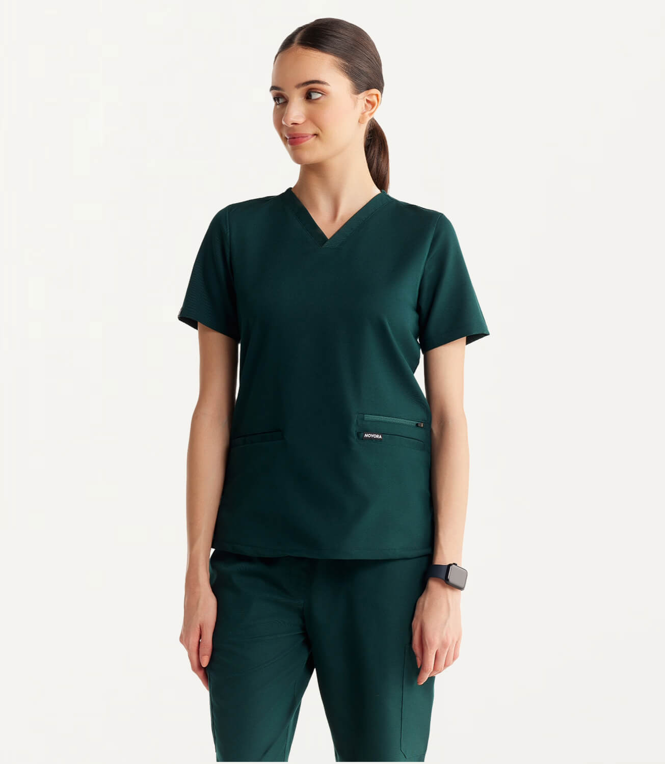 Women Forest Green 11 Pocket Scrubs Stretch Fabric Util Tech Front Focus