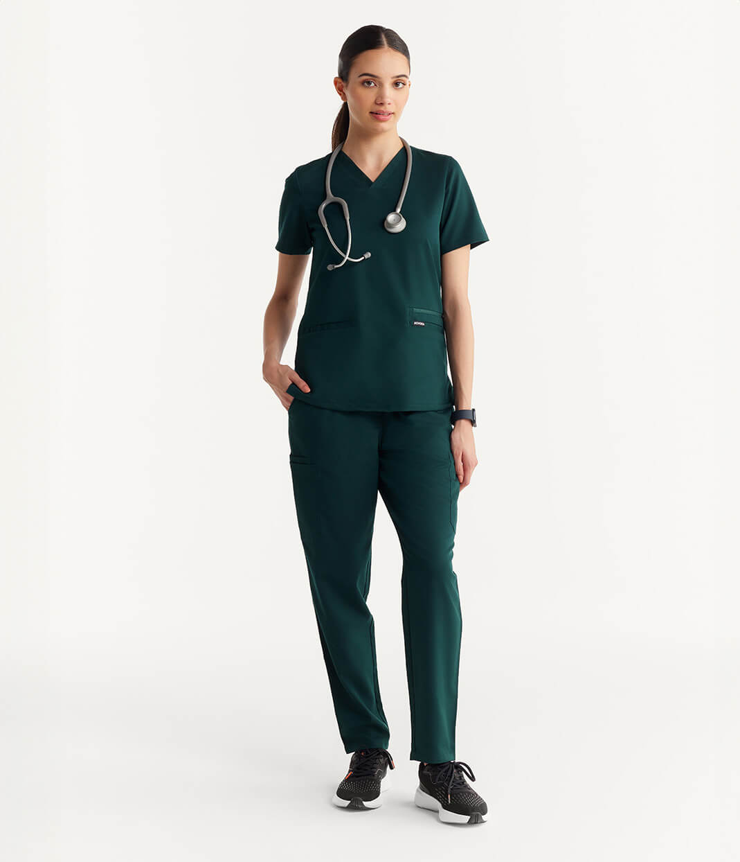 Women Forest Green 11 Pocket Scrubs Stretch Fabric Util Tech Full Front