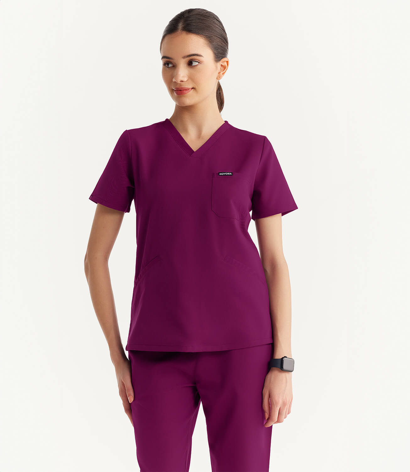 Women French Plum 5 Pocket Scrubs Stretch Fabric Technical Front Focus