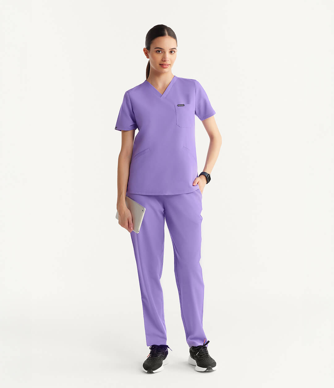 Women Lavender 5 Pocket Scrubs Stretch Fabric Technical Full Front