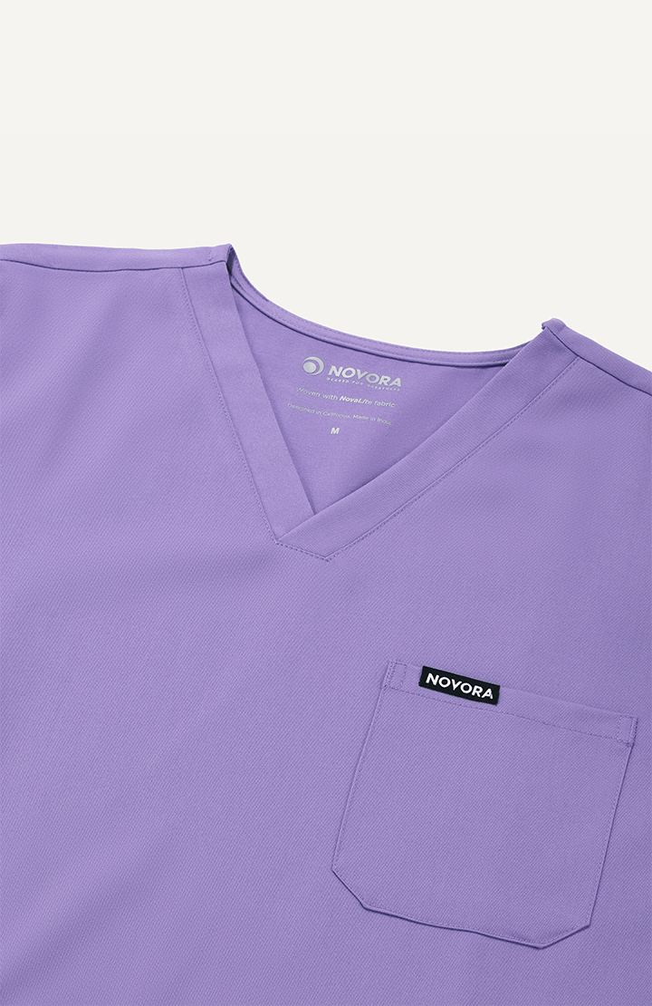Women Lavender 5 Pocket Scrubs Stretch Fabric Technical Label Focus