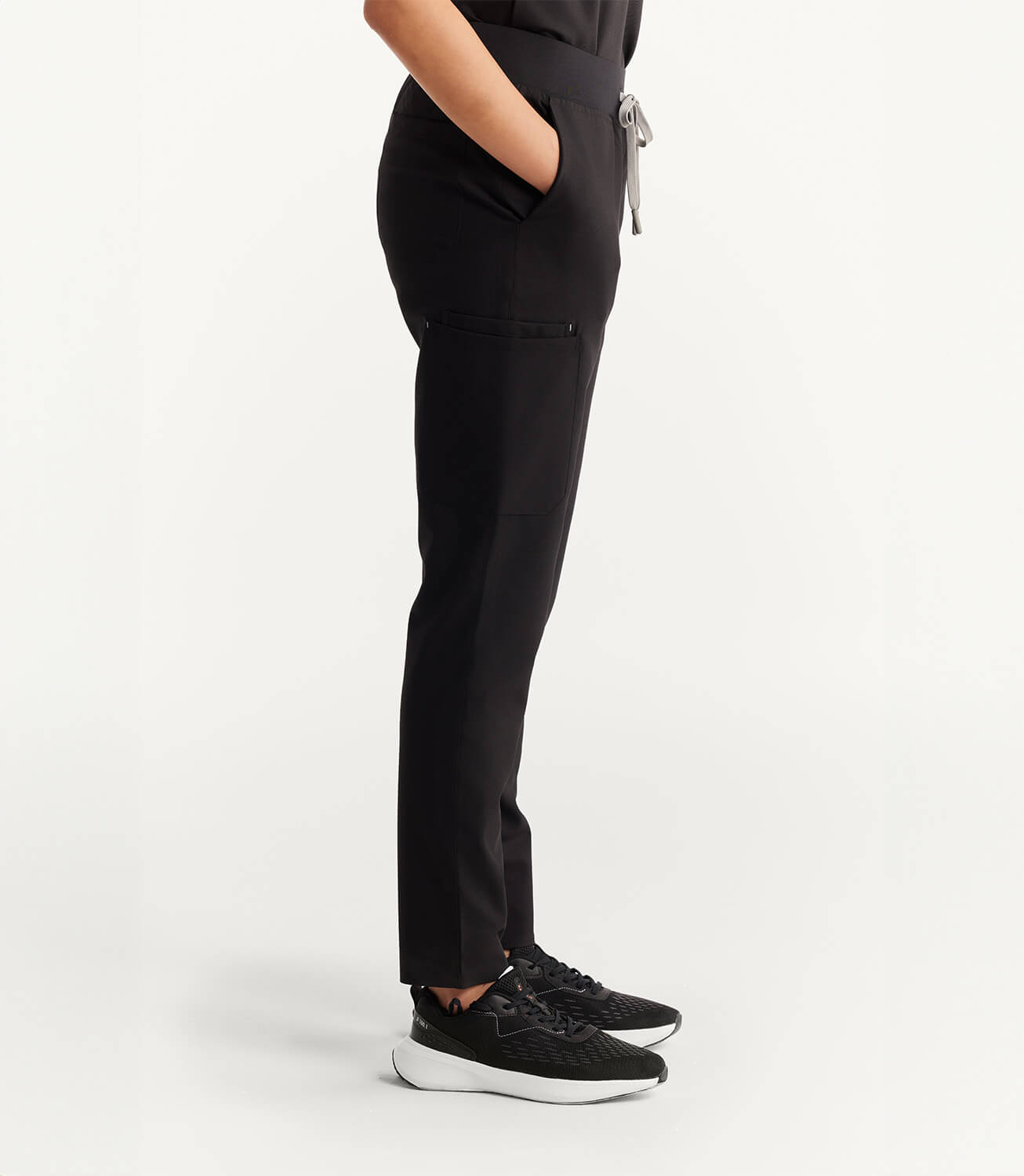 Women Midnight Black 11 Pocket Scrubs Stretch Fabric Eco Tech Bottom Right Leg Focus