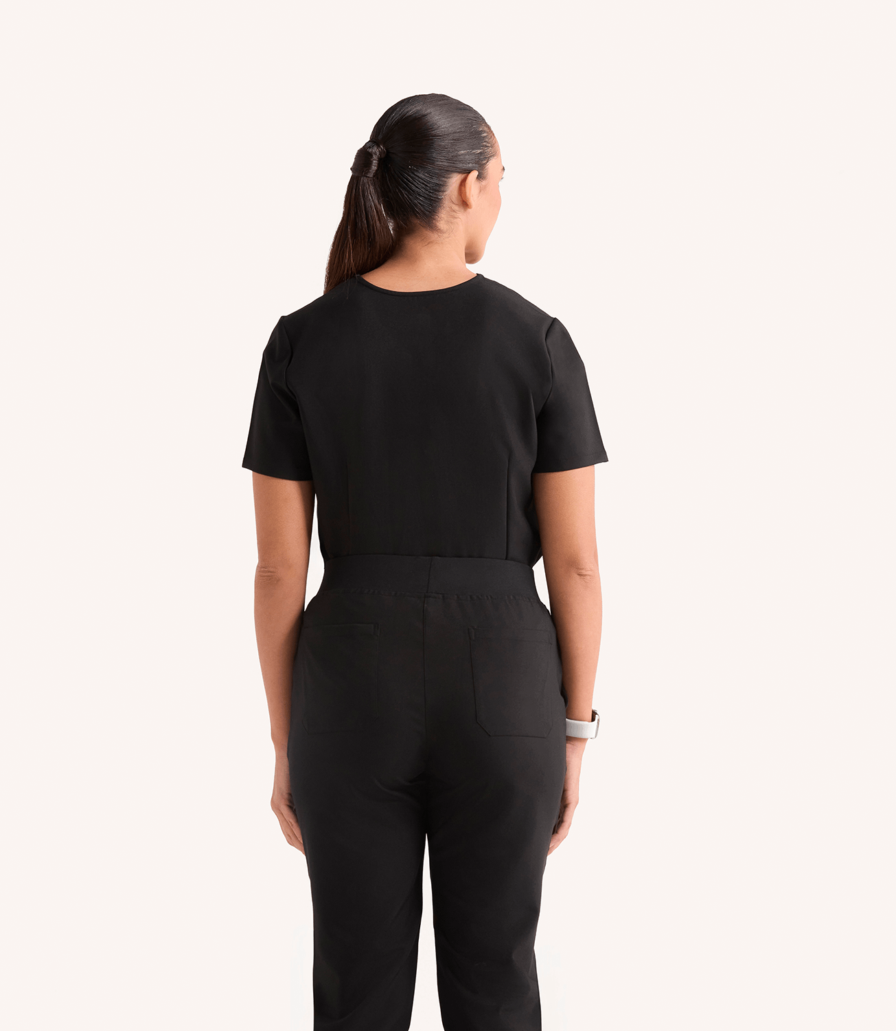 Women Midnight Black 5 Pocket Scrubs Stretch Fabric Eco Tech Tuck In Back Focus