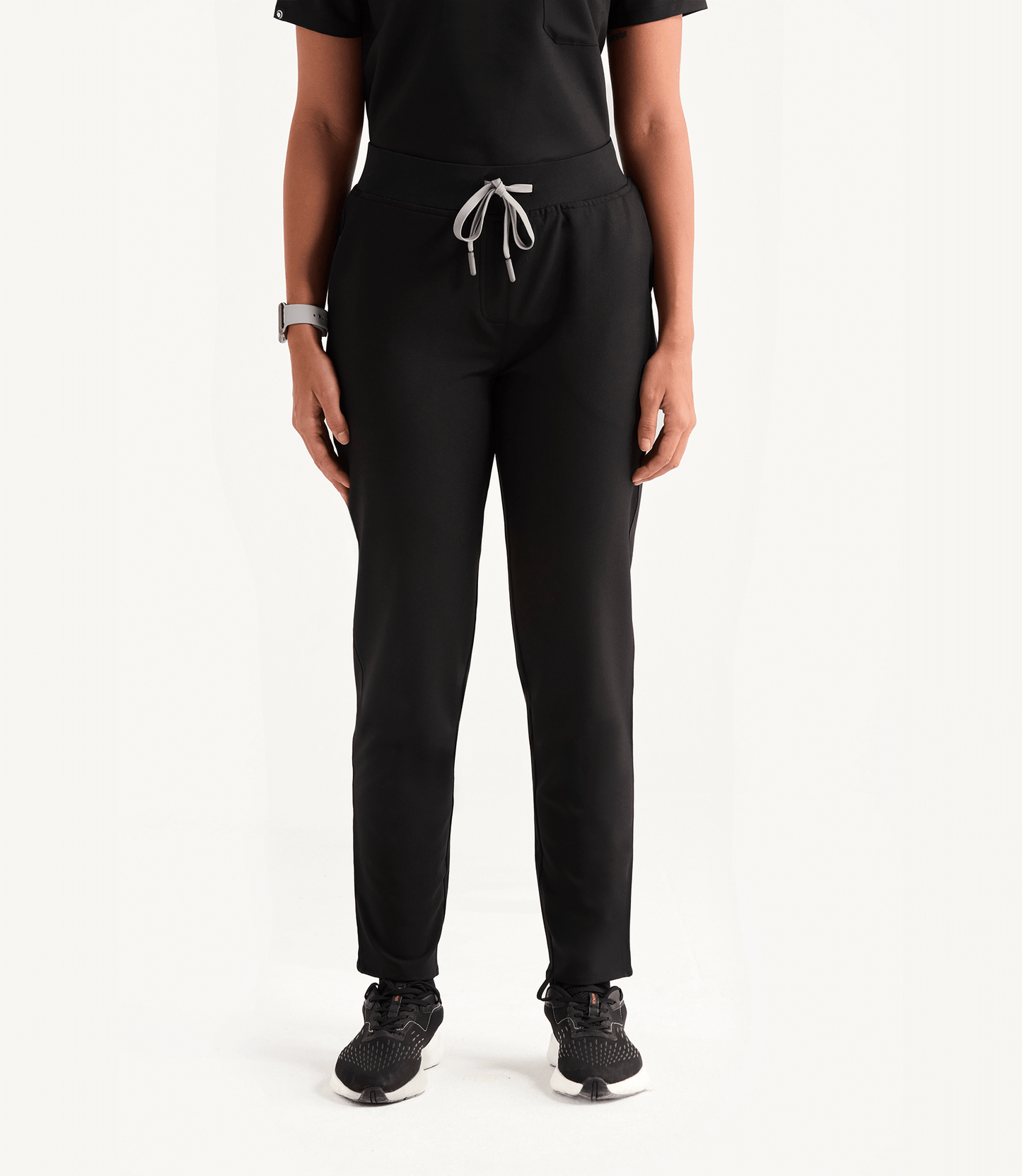 Women Midnight Black 5 Pocket Scrubs Stretch Fabric Eco Tech Tuck In Bottom Focus