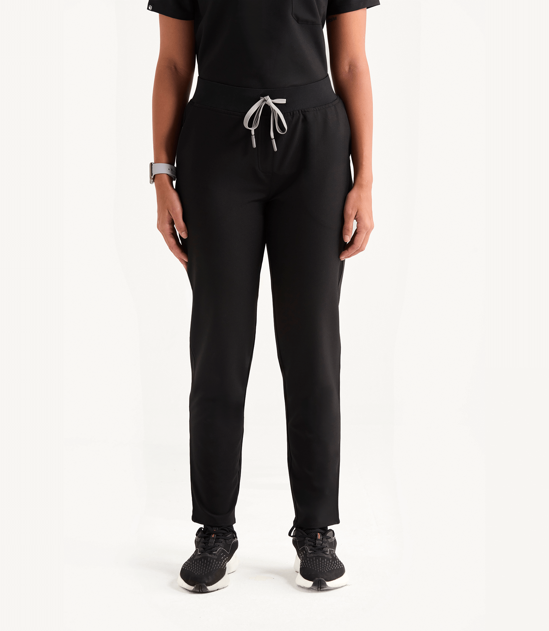 Women Midnight Black 5 Pocket Scrubs Stretch Fabric Eco Tech Tuck In Bottom Focus