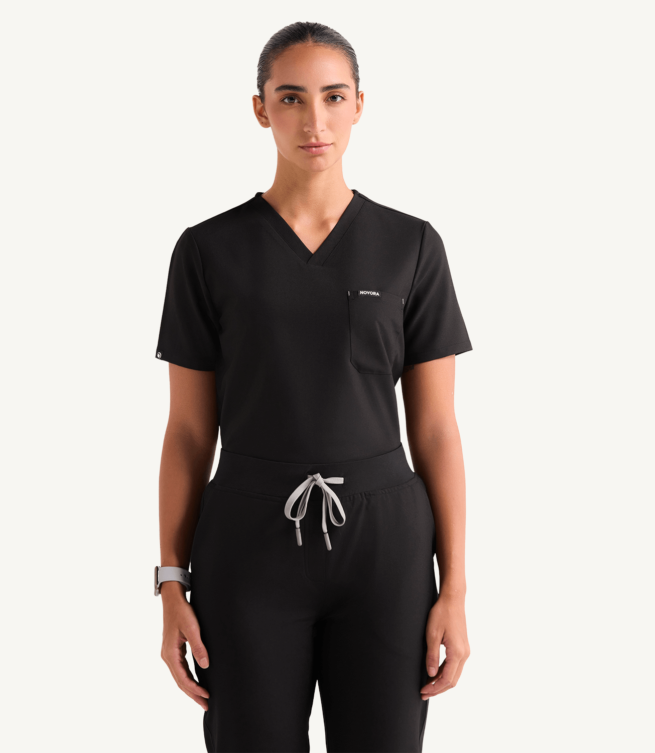 Women Midnight Black 5 Pocket Scrubs Stretch Fabric Eco Tech Tuck In Front Focus