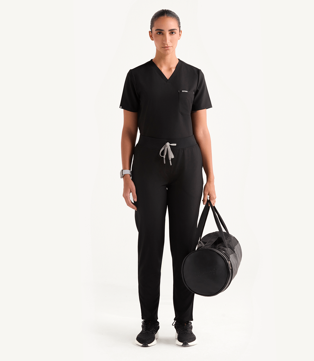 Women Midnight Black 5 Pocket Scrubs Stretch Fabric Eco Tech Tuck In Full Front