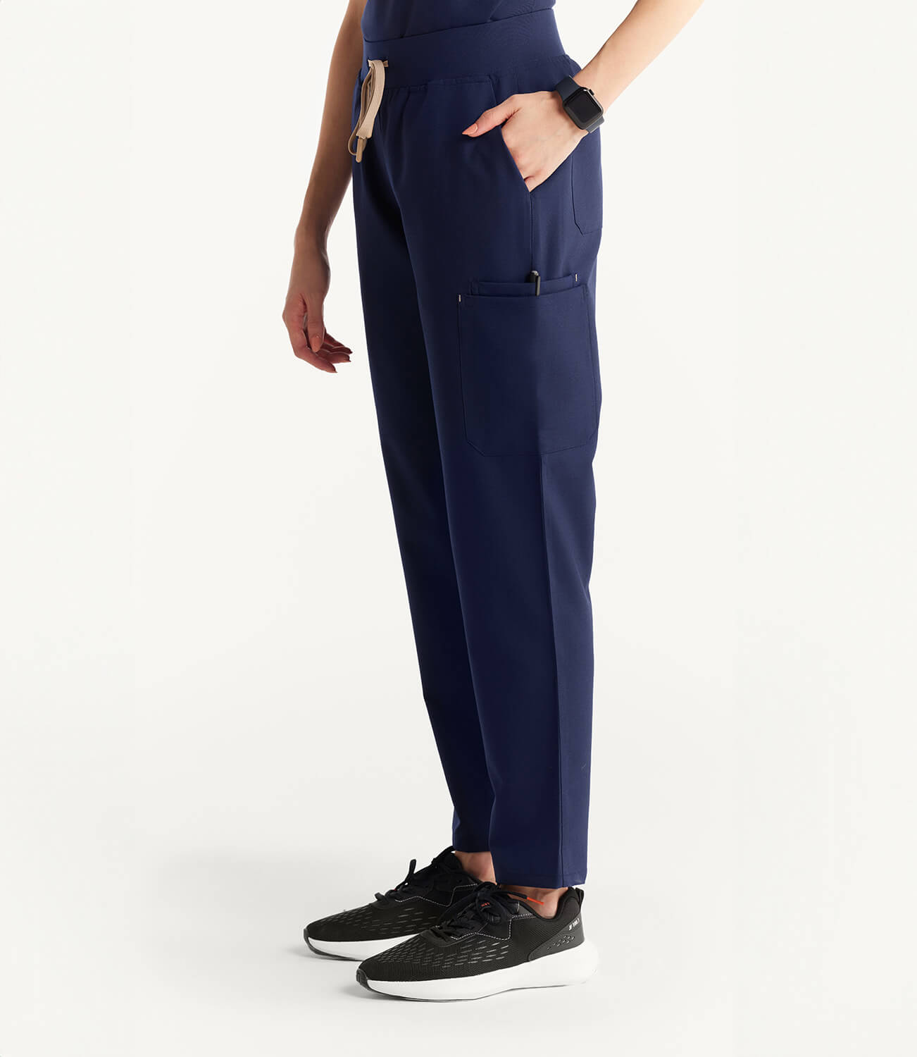 Women Midnight Blue 11 Pocket Scrubs Stretch Fabric Eco Tech Bottom Left Leg Focus