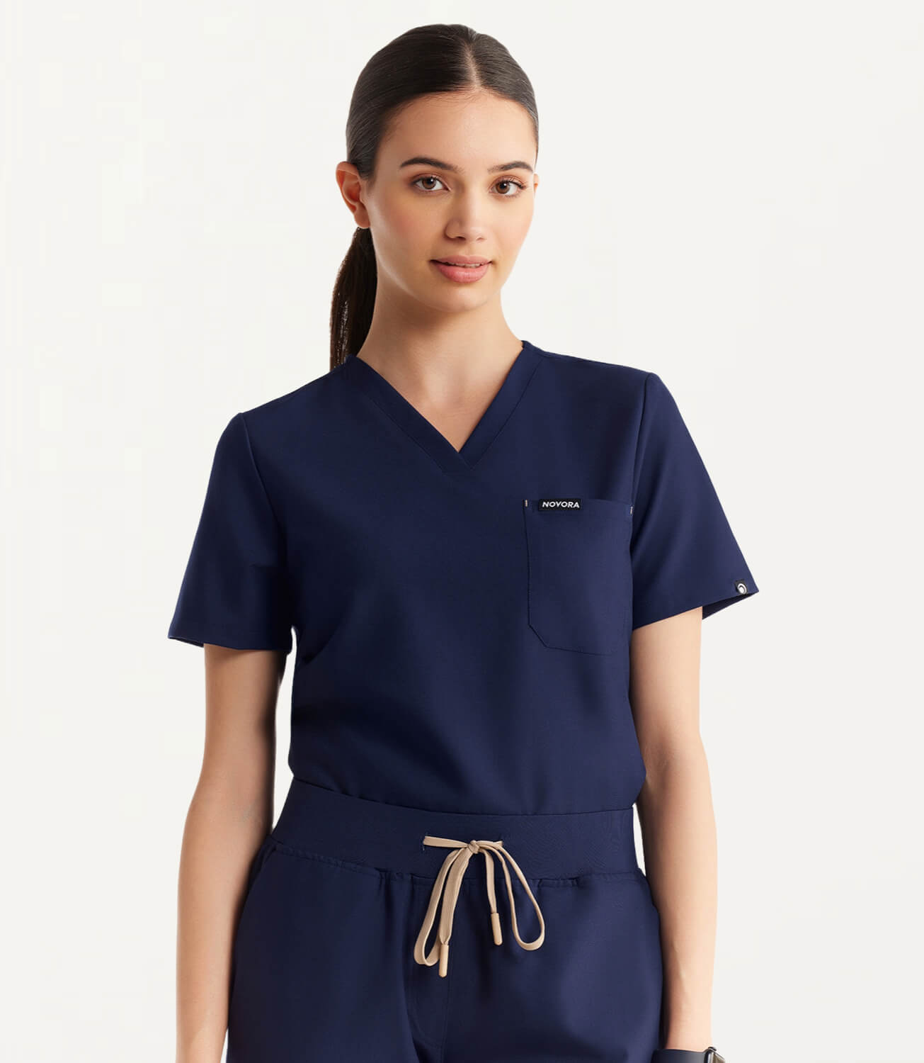 Women Midnight Blue 11 Pocket Scrubs Stretch Fabric Eco Tech Front Focus