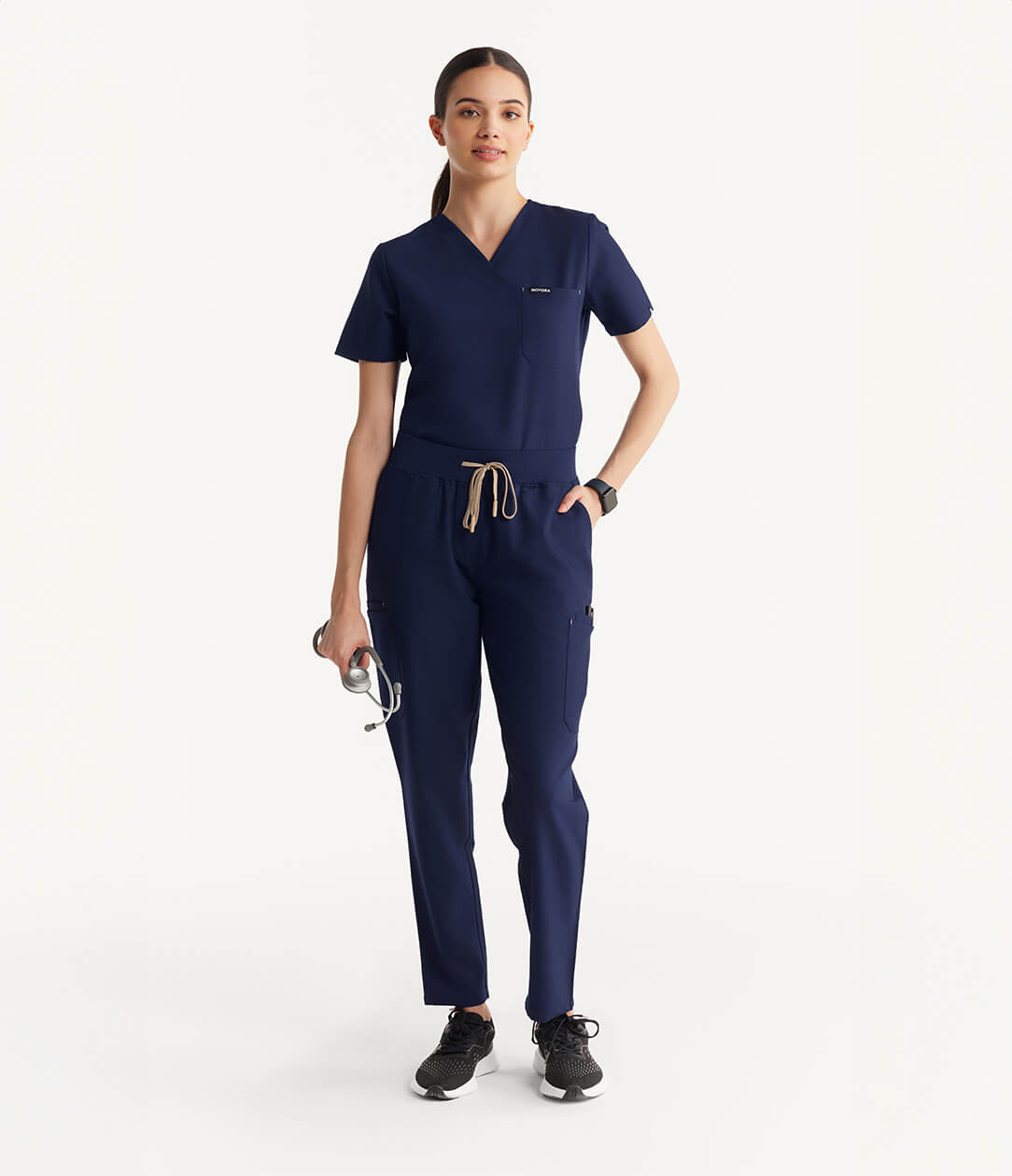 Women Midnight Blue 11 Pocket Scrubs Stretch Fabric Eco Tech Full Front