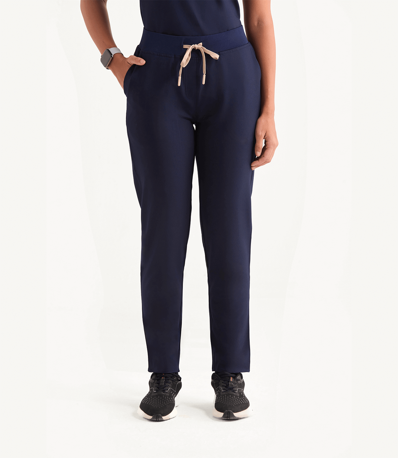 Women Midnight Blue 5 Pocket Scrubs Stretch Fabric Eco Tech Tuck In Bottom Focus