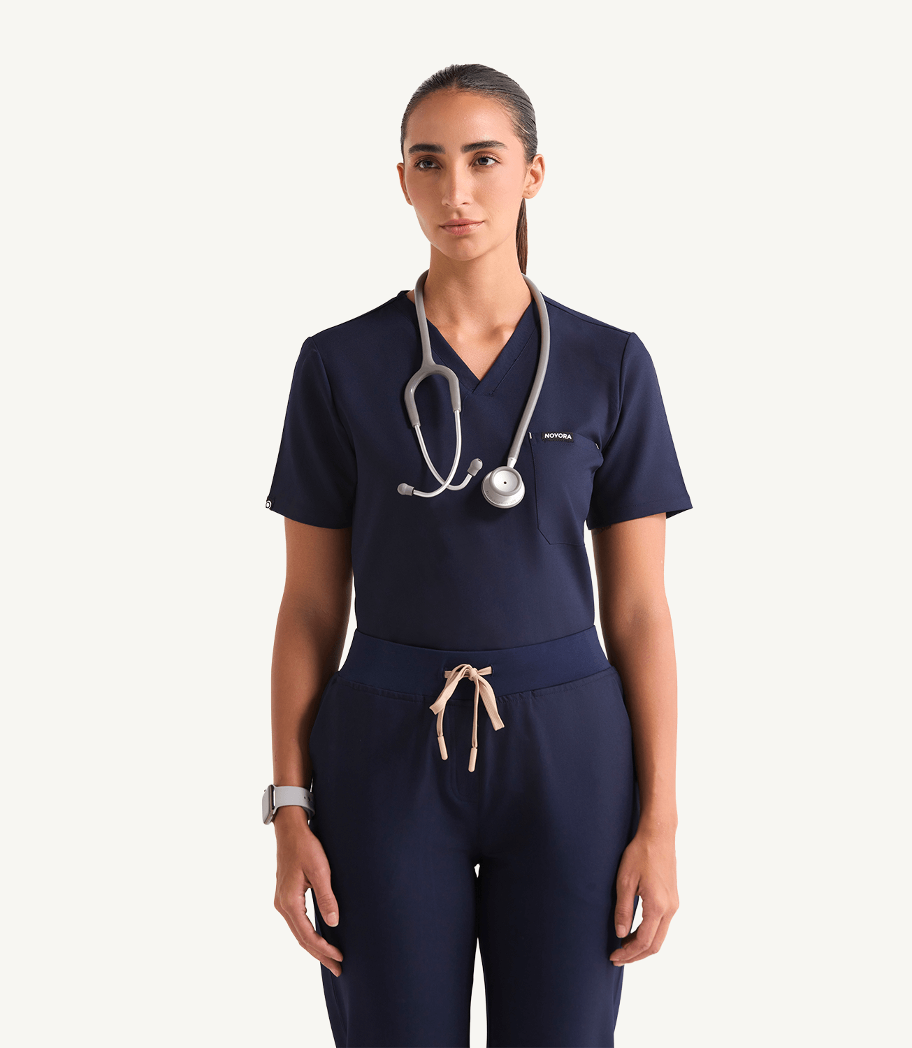 Women Midnight Blue 5 Pocket Scrubs Stretch Fabric Eco Tech Tuck In Front Focus