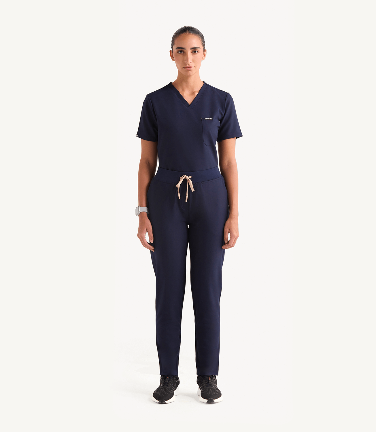 Women Midnight Blue 5 Pocket Scrubs Stretch Fabric Eco Tech Tuck In Full Front