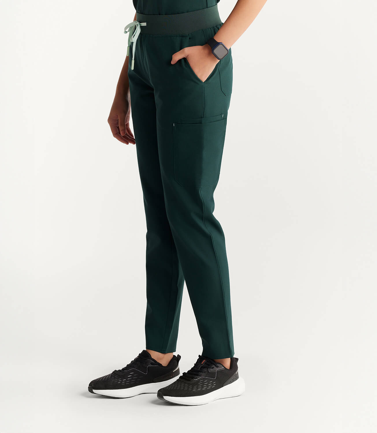 Women Midnight Green 11 Pocket Scrubs Stretch Fabric Eco Tech Bottom Left Leg Focus