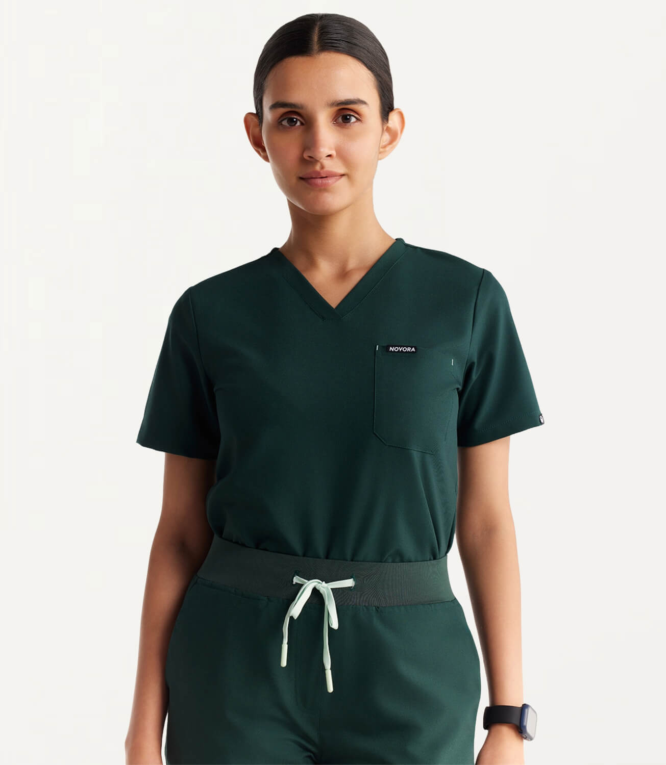 Women Midnight Green 11 Pocket Scrubs Stretch Fabric Eco Tech Front Focus