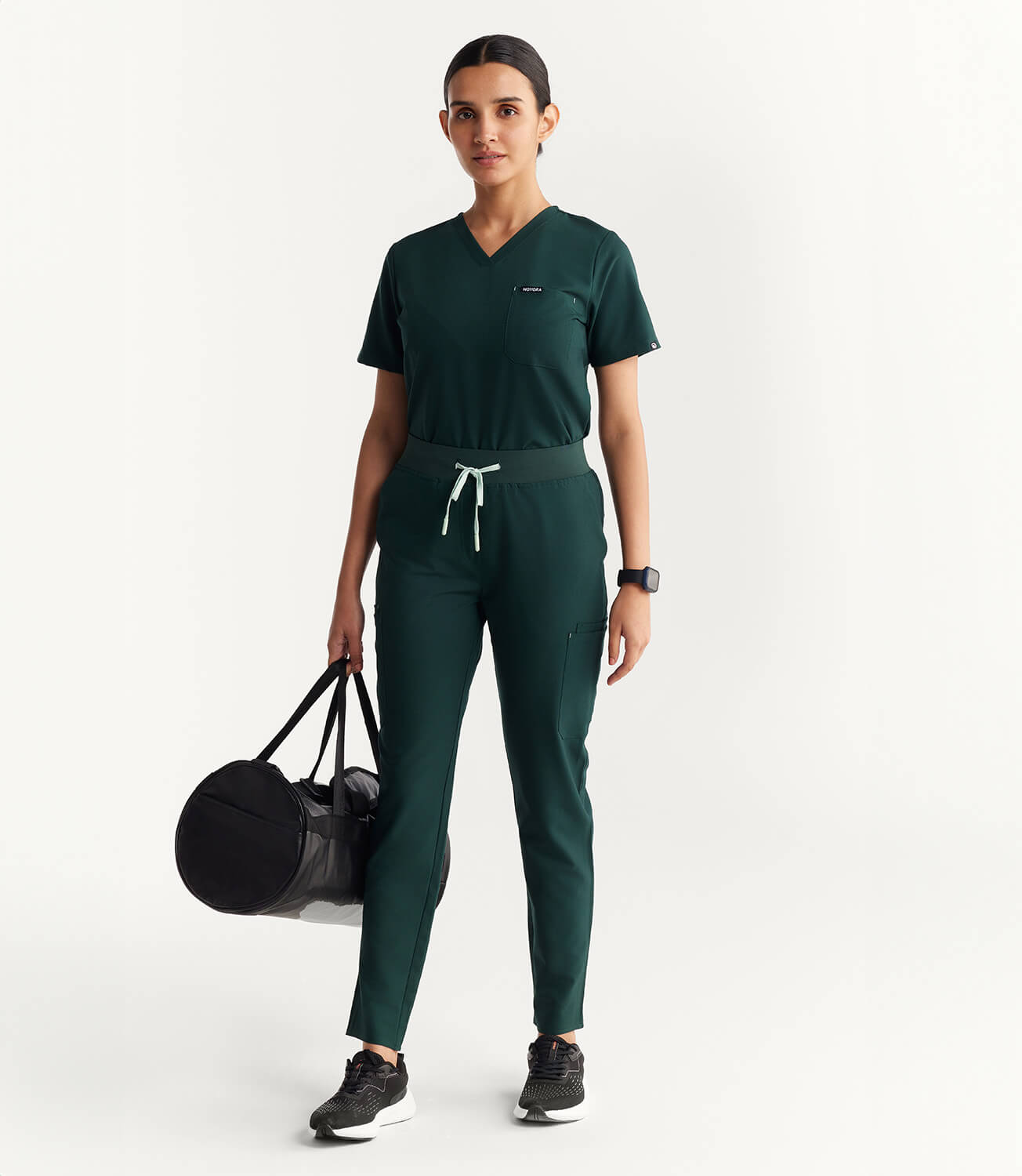 Women Midnight Green 11 Pocket Scrubs Stretch Fabric Eco Tech Full Front