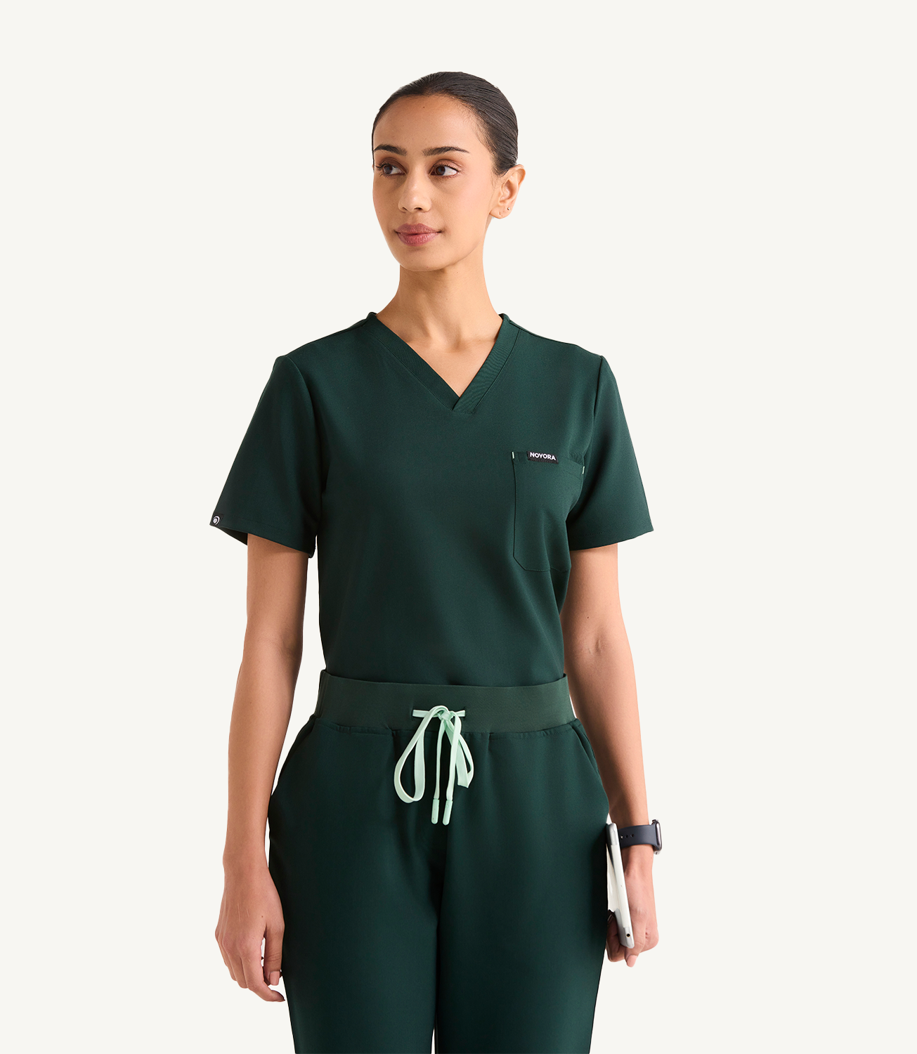 Women Midnight Green 5 Pocket Scrubs Stretch Fabric Eco Tech Tuck In Front Focus