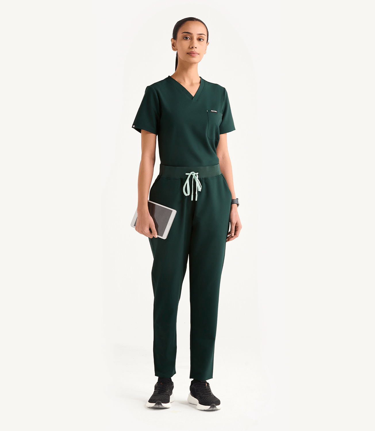 Women Midnight Green 5 Pocket Scrubs Stretch Fabric Eco Tech Tuck In Full Front