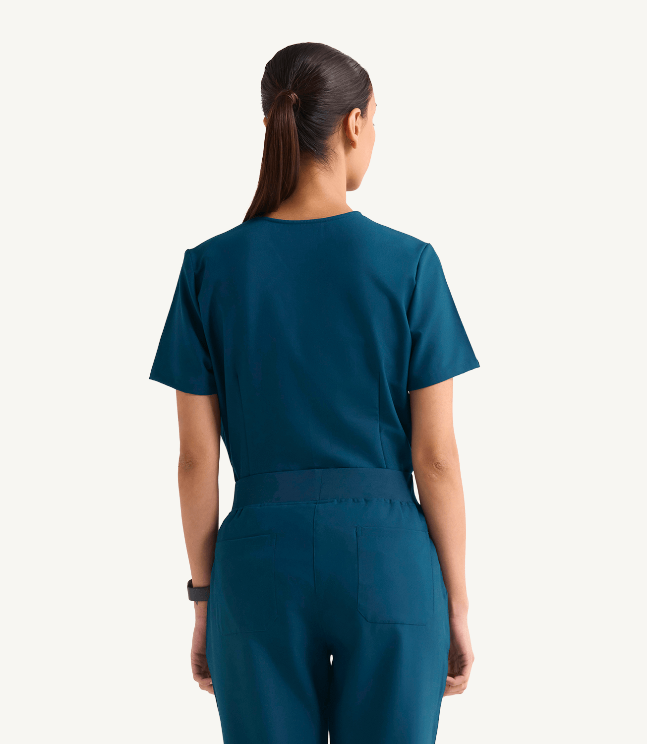 Women Midnight Teal 5 Pocket Scrubs Stretch Fabric Eco Tech Tuck In Back Focus