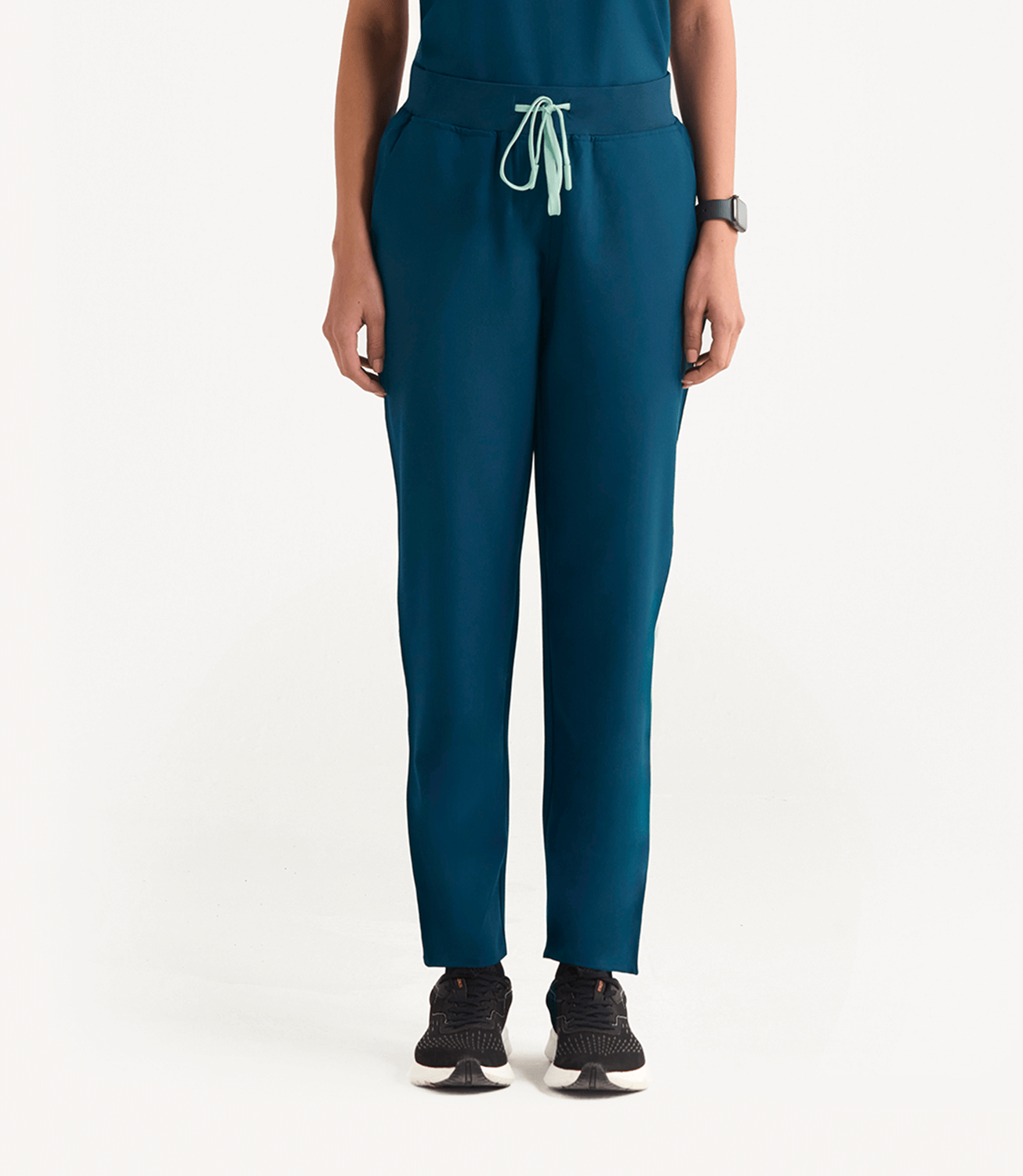 Women Midnight Teal 5 Pocket Scrubs Stretch Fabric Eco Tech Tuck In Bottom Focus