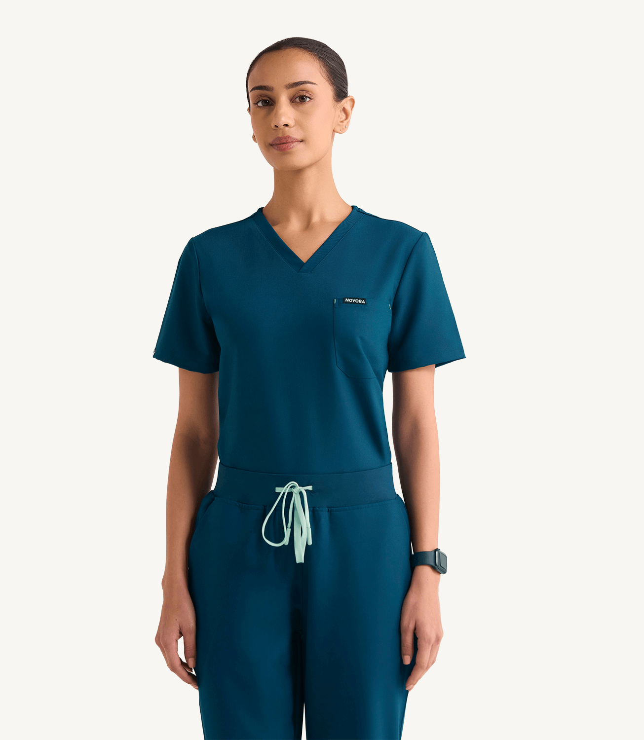 Women Midnight Teal 5 Pocket Scrubs Stretch Fabric Eco Tech Tuck In Front Focus