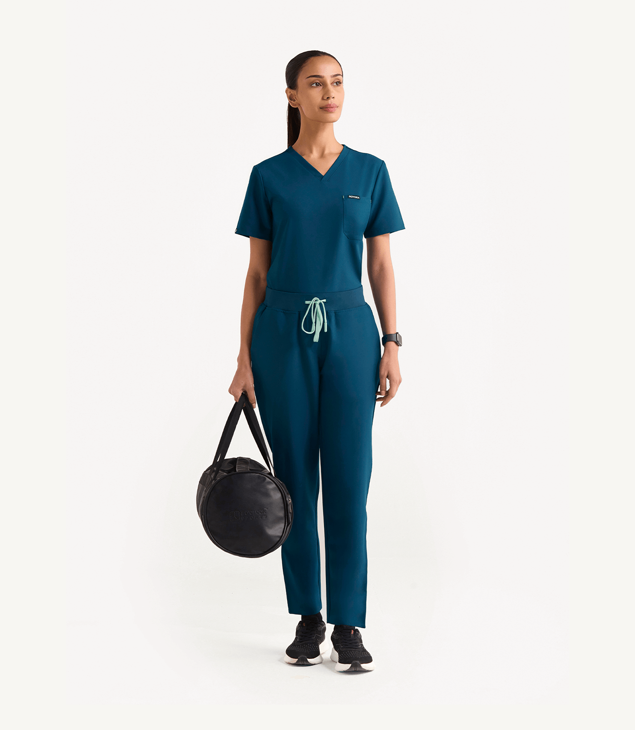 Women Midnight Teal 5 Pocket Scrubs Stretch Fabric Eco Tech Tuck In Full Front
