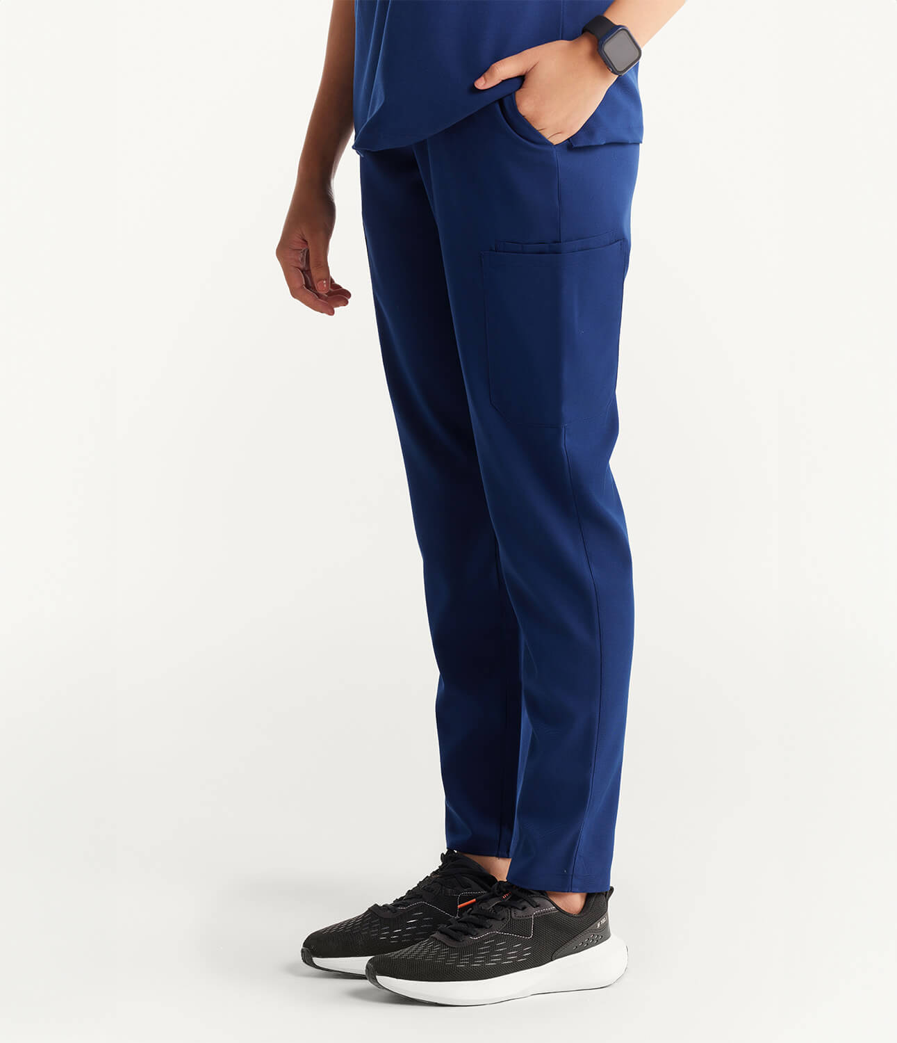 Women Royal Navy 11 Pocket Scrubs Stretch Fabric Util Tech Bottom Left Leg Focus