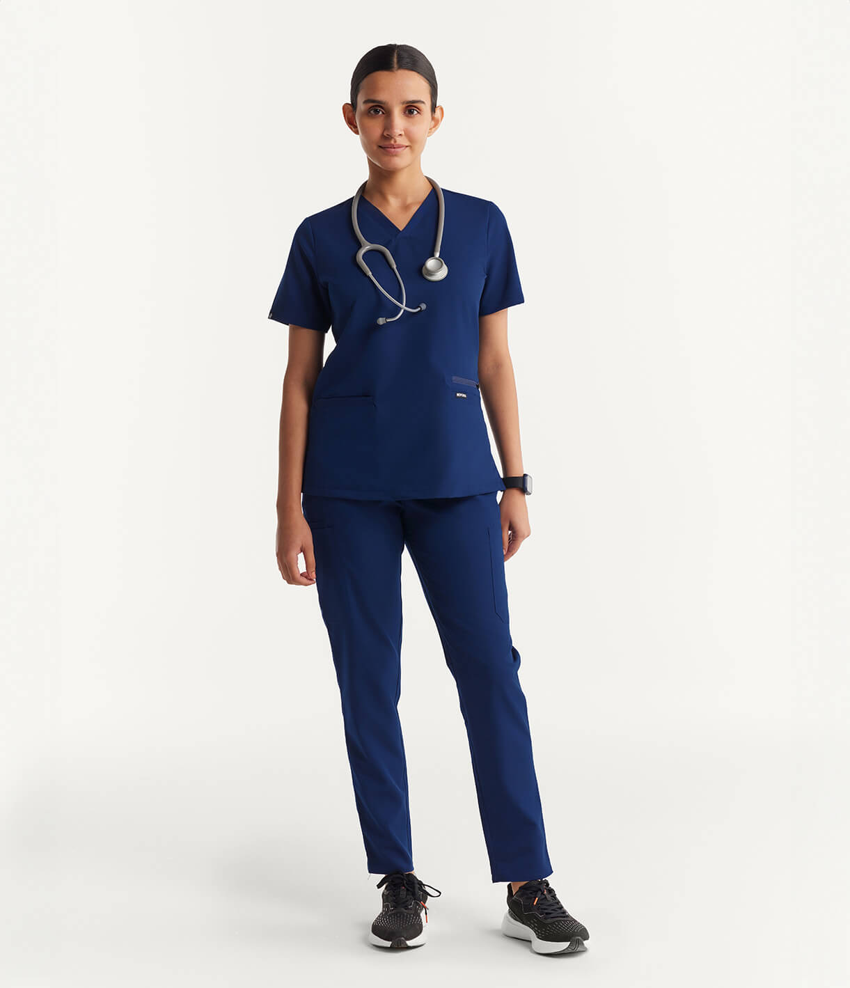Women Royal Navy 11 Pocket Scrubs Stretch Fabric Util Tech Full Front