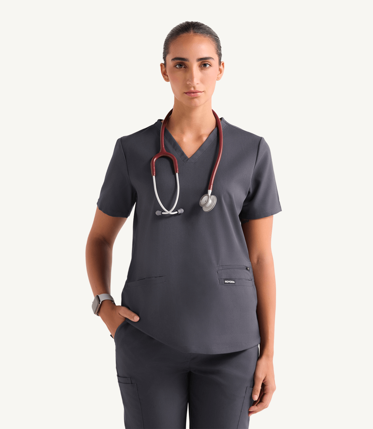 Women Slate Grey 11 Pocket Scrubs Stretch Fabric Util Tech Front Focus