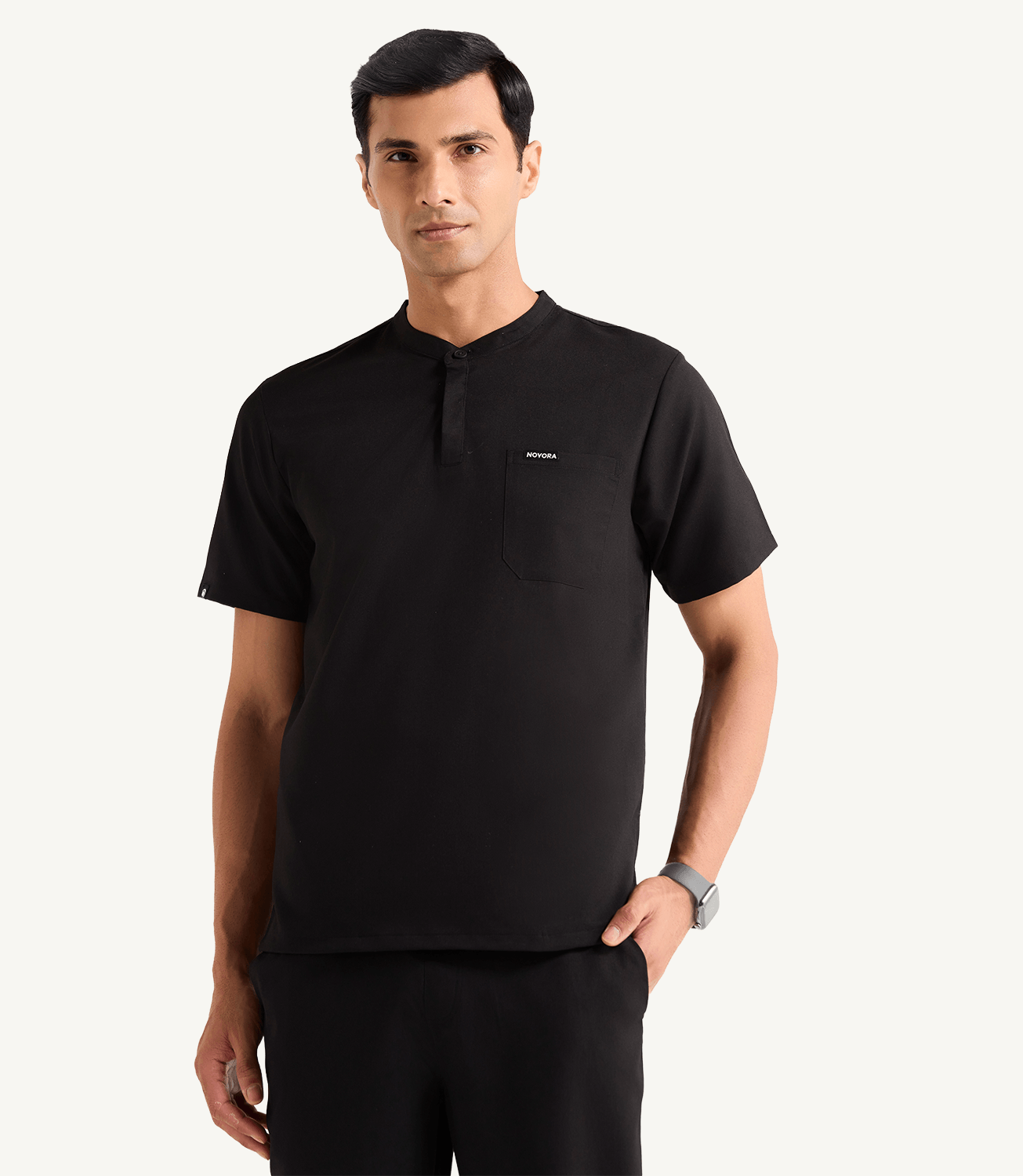 Men Mandarin Technical 5 Pocket Black Scrubs