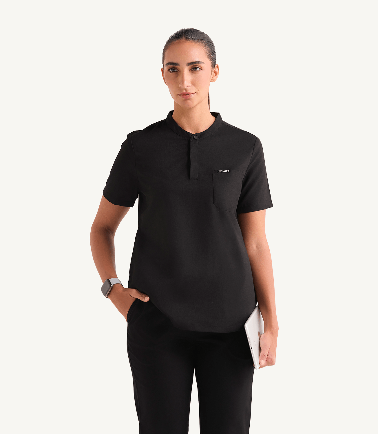 Women Mandarin Technical 5 Pocket Black Scrubs